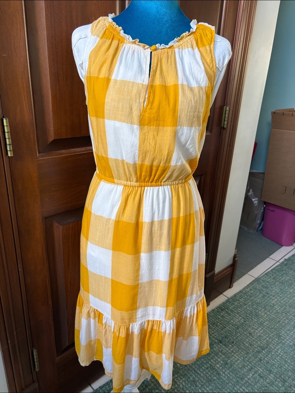 Dress Casual Cotton yellow white large check print sleeveless gathered necklin